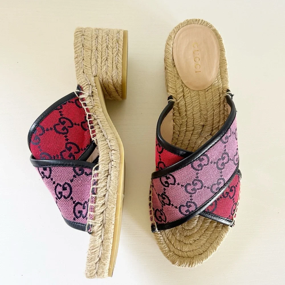 Gucci GG Canvas Espadrille Mules Pink Red Criss Cross Size EU 37